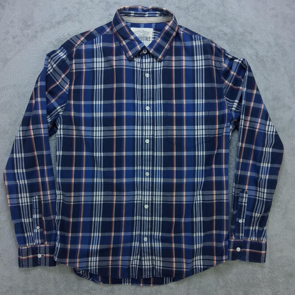Aeropostale Mens Plaid Long Sleeve Button Up Shirt Blue Orange Cotton Medium